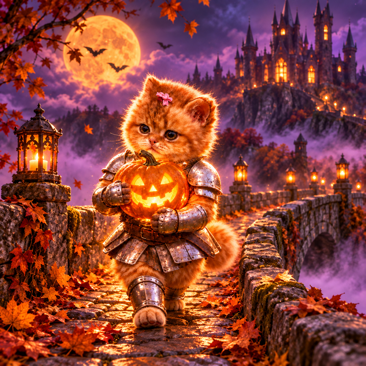 The same armored kitten crossing a stone bridge with a glowing pumpkin under the autumn moon