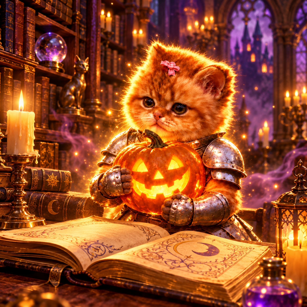 The kitten in silver armor beside a storybook in a candlelit castle library with its pumpkin
